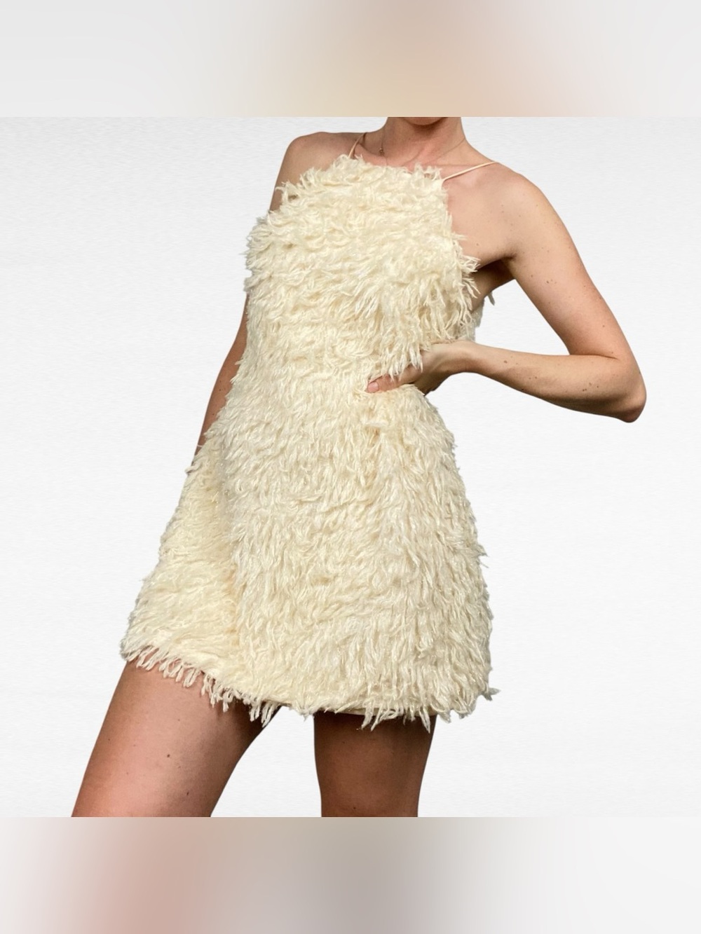TCEC Cream Shag Fringe Metallic Silver Shimmer Halter Y2K Mini Party Dress
